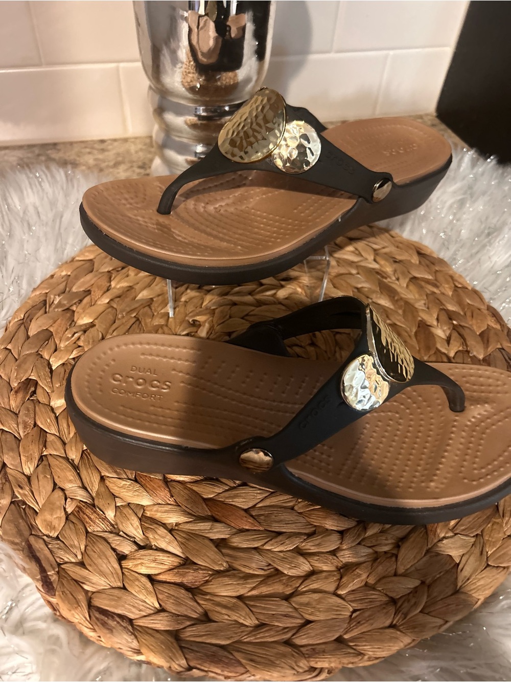 Crocs Sanrah Brown Sandals Flip Flops Low Wedge Hammered Gold Circle Detail